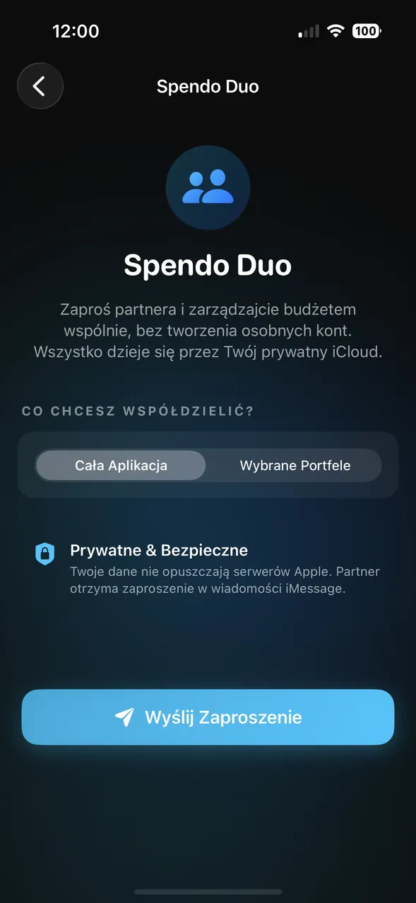 Ekran współdzielenia finansów Spendo Duo