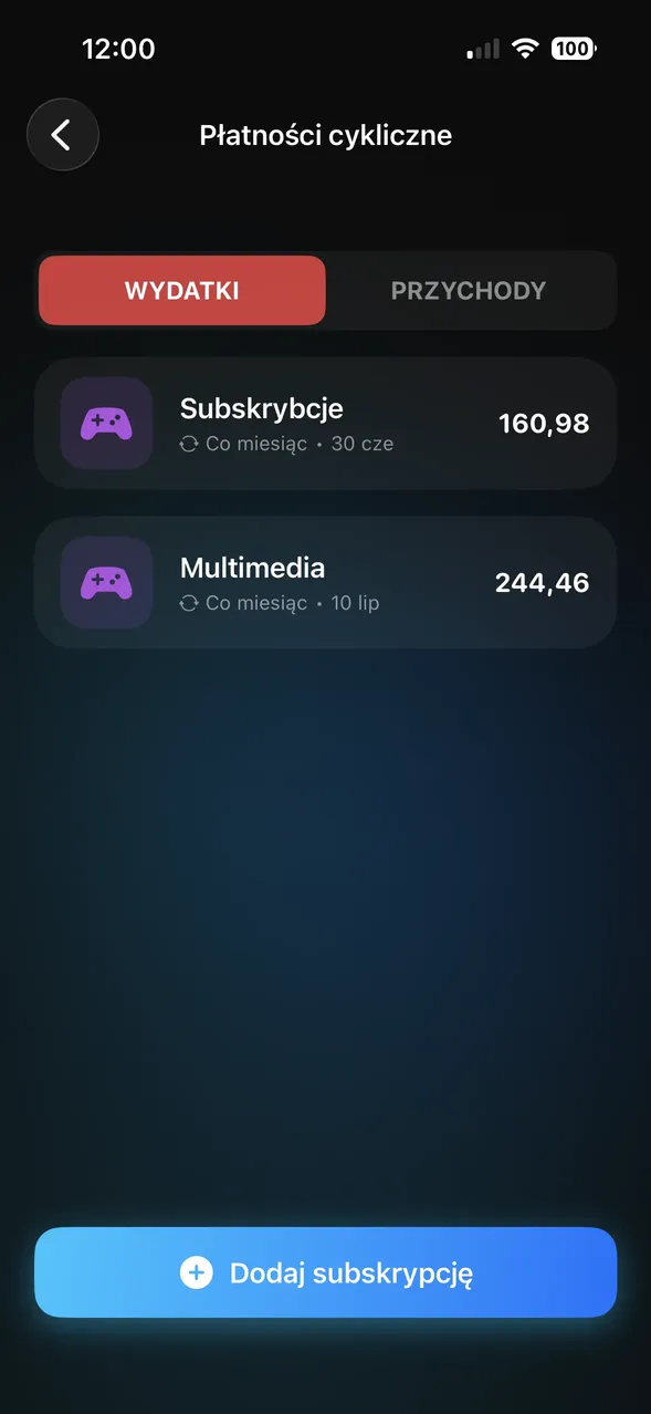 Ekran zarządzania subskrypcjami