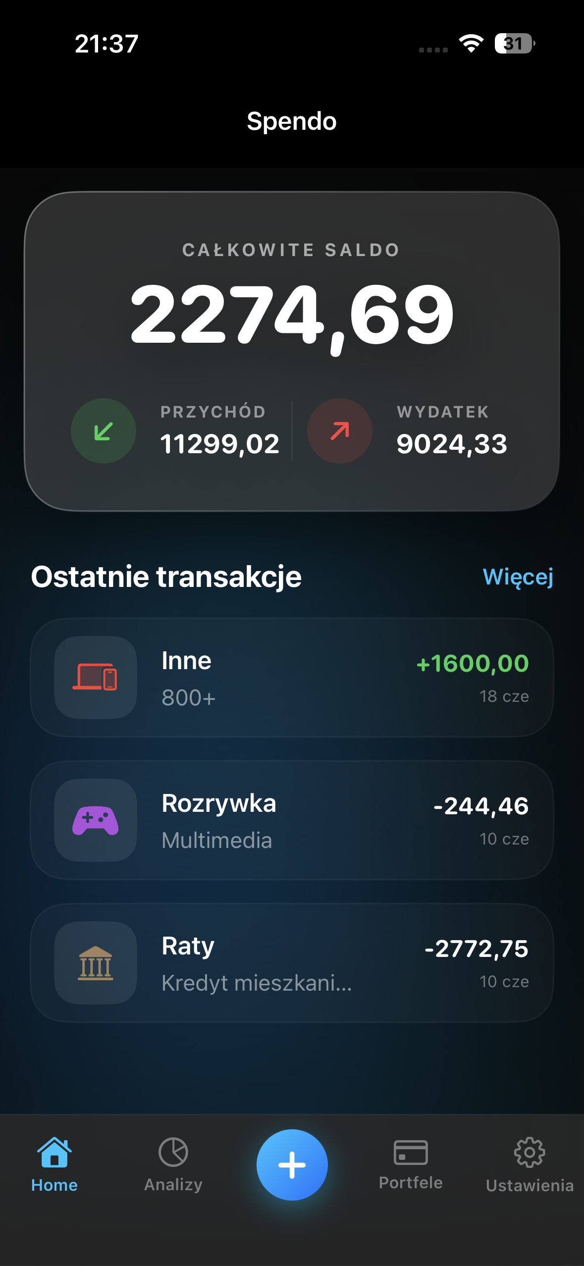Ekran główny Spendo